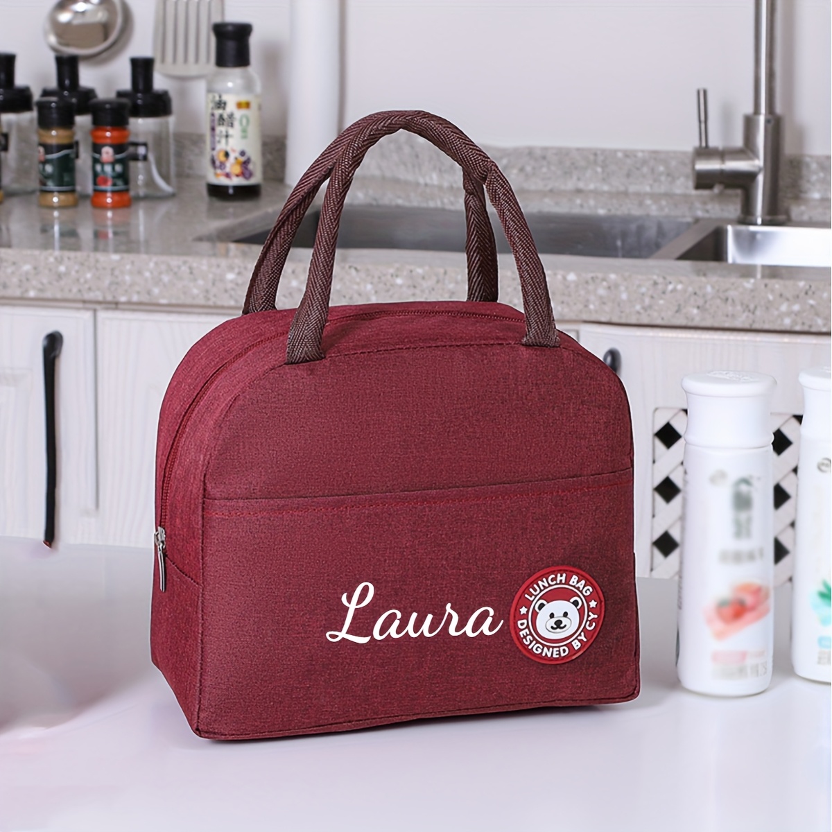 TEMU 1pc Bolsa de Almuerzo Bordada Personalizable para Mujeres y Hombres, Bolso Térmico Reutilizable Pequeño a Prueba de Fugas con Capacidad para