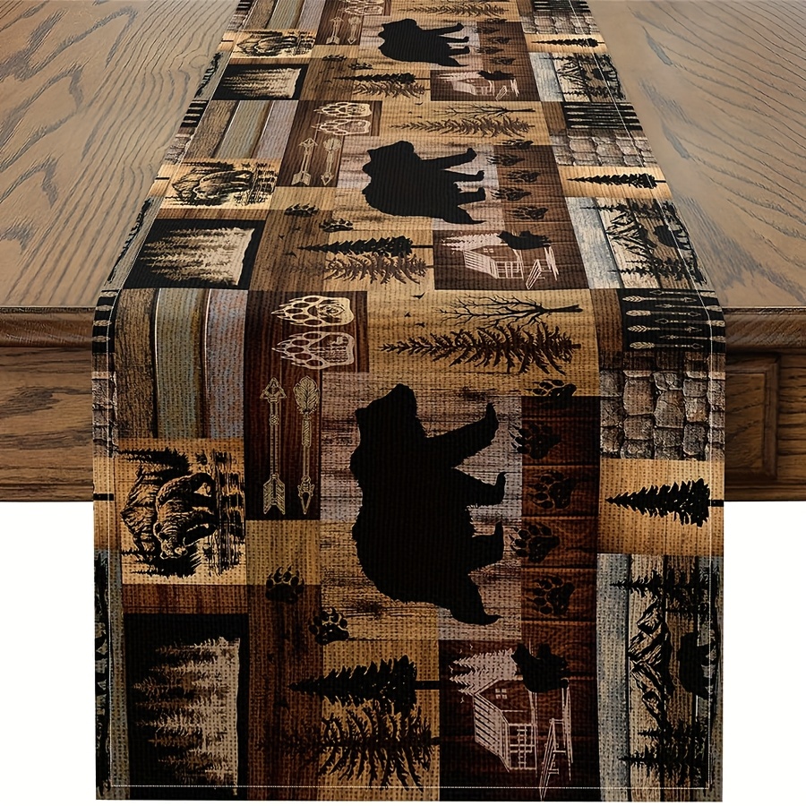 TEMU 1pc, Farmhouse Bear Seasonal Rustic Cabin Wooden Table Runner For Kids Room Decor, Wild Decor For Living Room Dresser Scarfs Dresser Runners,