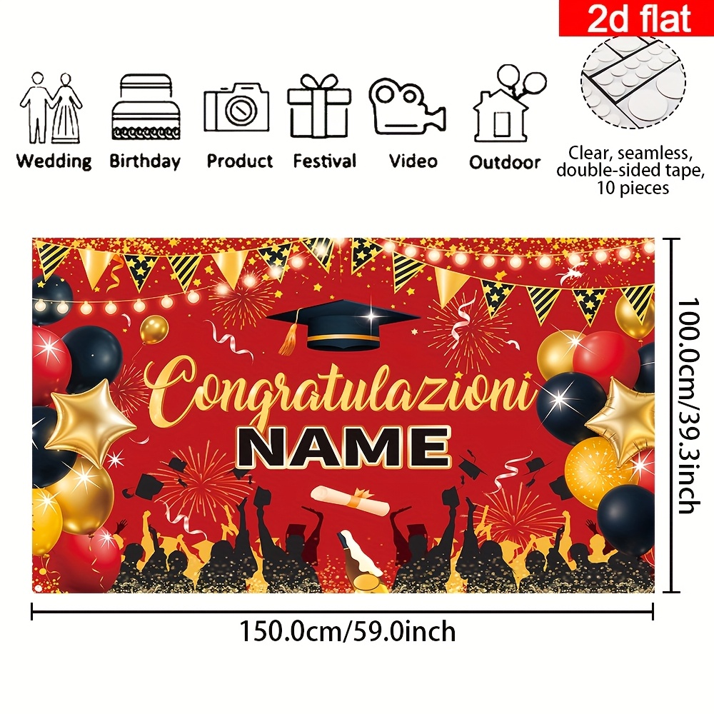 TEMU 2d Flat, 2d Flat Banner, 1pc Italian Customizable Name Class Of 2026 Congrats Grad Party Banner, Red Theme Photography Backdrop, Personalized