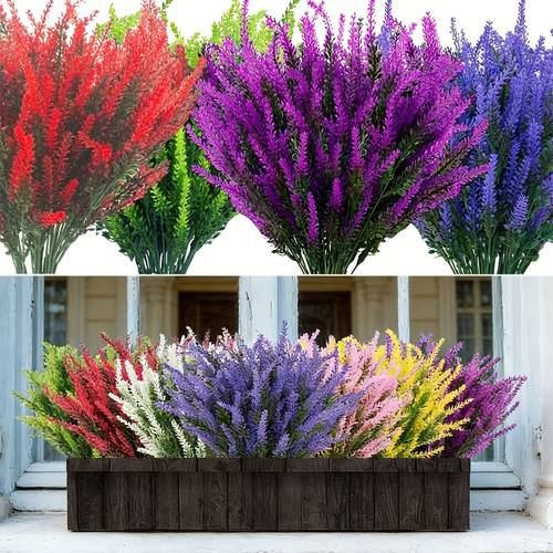 8 Bundles Artificial Flowers for Outdoors Decoration, UV Resistant Faux Lavender Flora Spring Fake Plastic Plants Greenery for Outside Indoor Yard Home Porch Window Box Decor