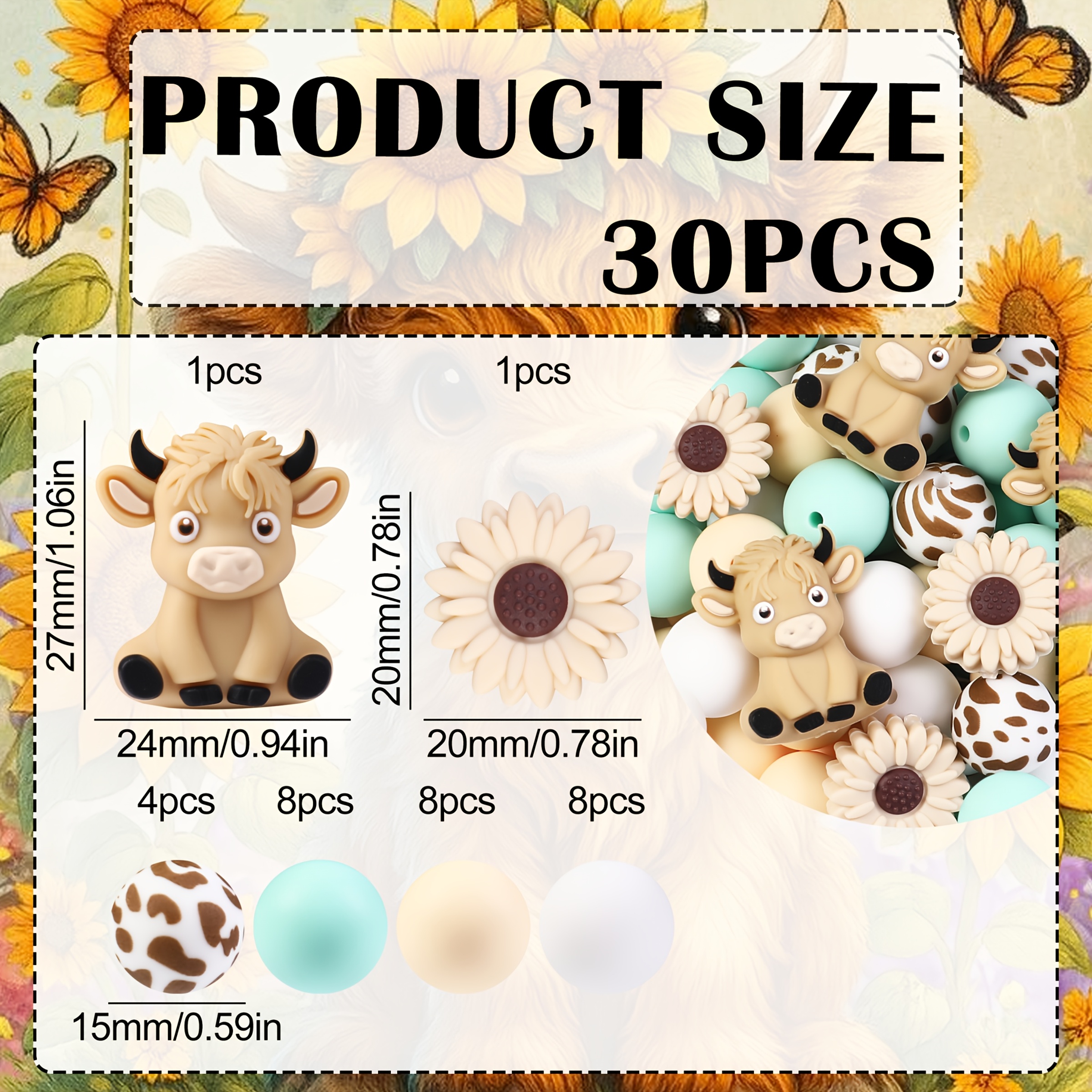 Image of 30pcs Cute 3d Highland Cow Light Yellow Daisy Silicone Beads - Silicone Beads, Polygonal And Printed Round Beads , Jewelry Making Beads, Perfect For Bracelets, Lanyards, Bead Pens