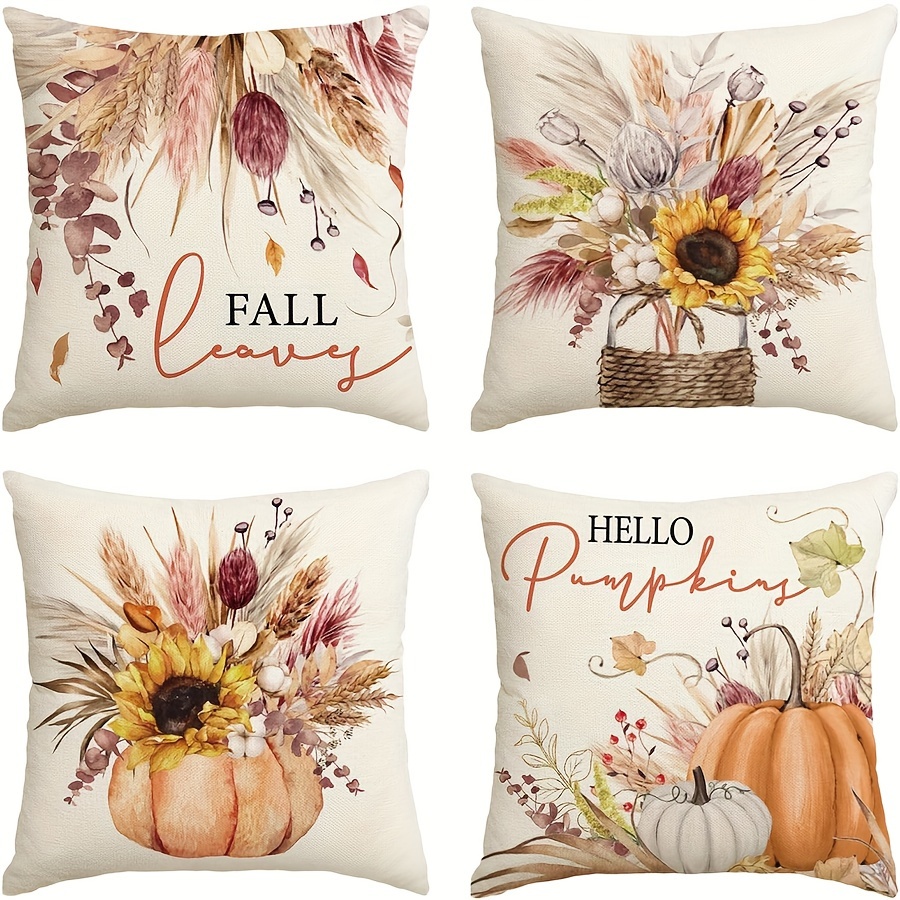 

4pc Fall Thanksgiving Pumpkin Wheat Cotton Jar Autumn Thanksgiving Throw Pillow Covers, Seasonal Cushion Case For Sofa Couch