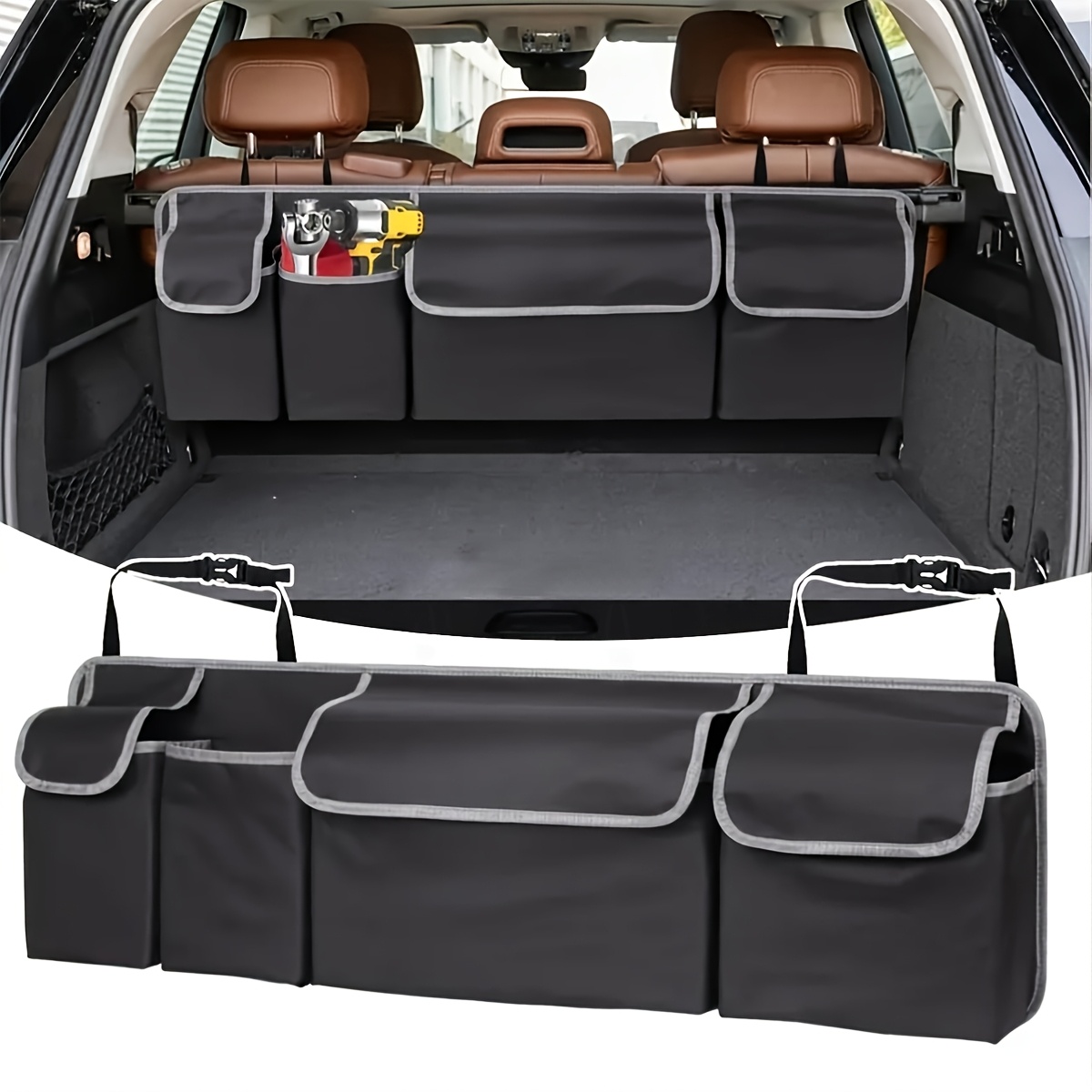 TEMU A Versatile Car Trunk Organizer Bag From Oxford, Featuring 4 Spacious Pockets And 2 Adjustable Straps, Designed For Universal Use In The Back Seat Of Any Vehicle