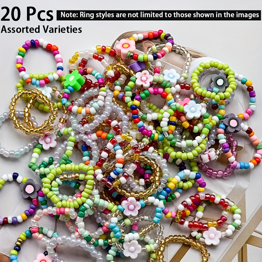 TEMU 5/10/20pcs Women's Bohemian Beaded Garland Set, Stretch Beaded Festival Jewelry, Acrylic Beaded Toe Rings, Retro Boho Fashion Rings, Random Styles