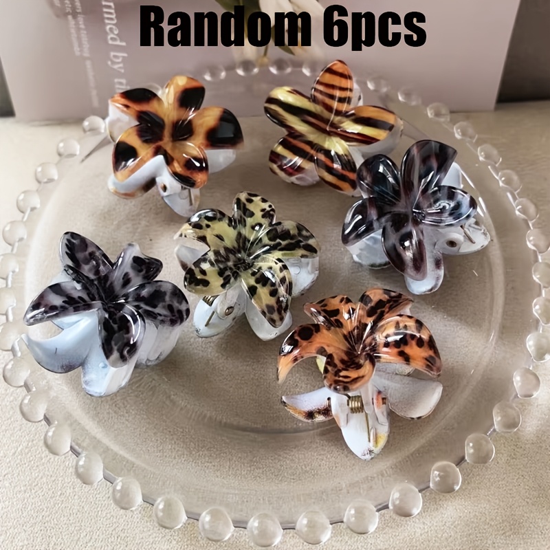 TEMU Random 6pcs Leopard Print Floral Back-of-the-head Claw Clips For Women, Shark Clips For Updo Hairstyles, Vintage Dark Hair Accessories, Hair