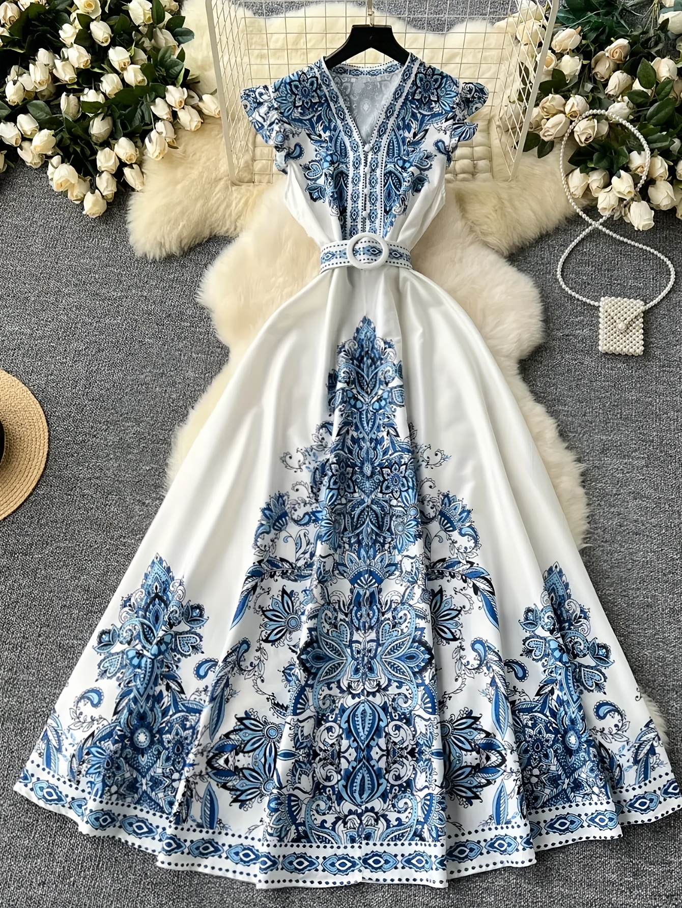 vintage style printed long dress with v neck single breasted closure and decorative details   adult   casual attire vintage dress single breasted dress Product details 0