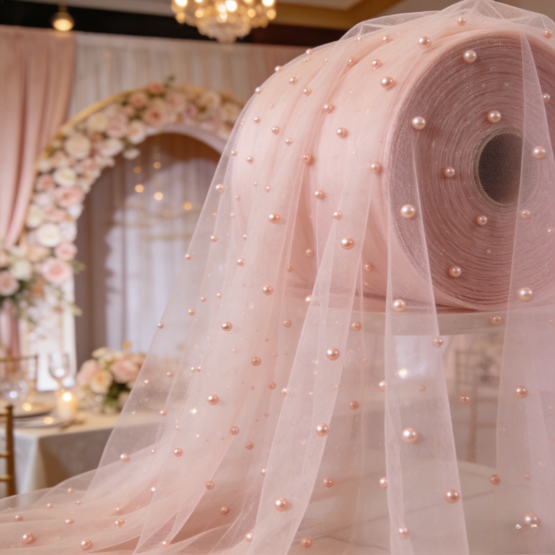 TEMU 1pc Handmade Pink Pearl Tulle Fabric Suitable For Weddings, Valentine's Day Decorations, Pre-cut Sheets With Pearl Embellishments, Centerpieces