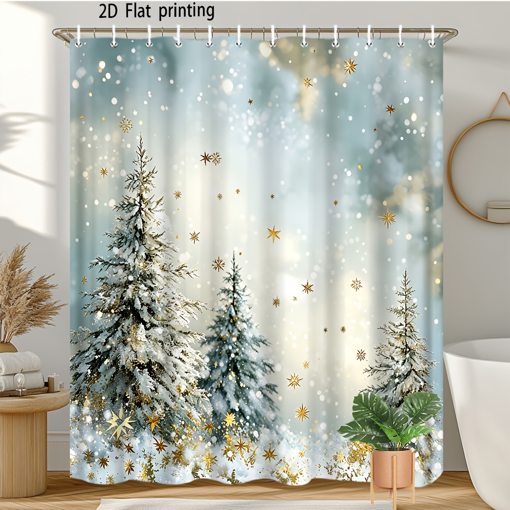 TEMU 2d Flat, 1pc 2d Flat Christmas Shower Curtain Snowy Pine Trees With And Glitter Holiday Bathroom Decor Polyester Fabric Bath Hanging Curtain 70.8x70.8 Inch With Hook