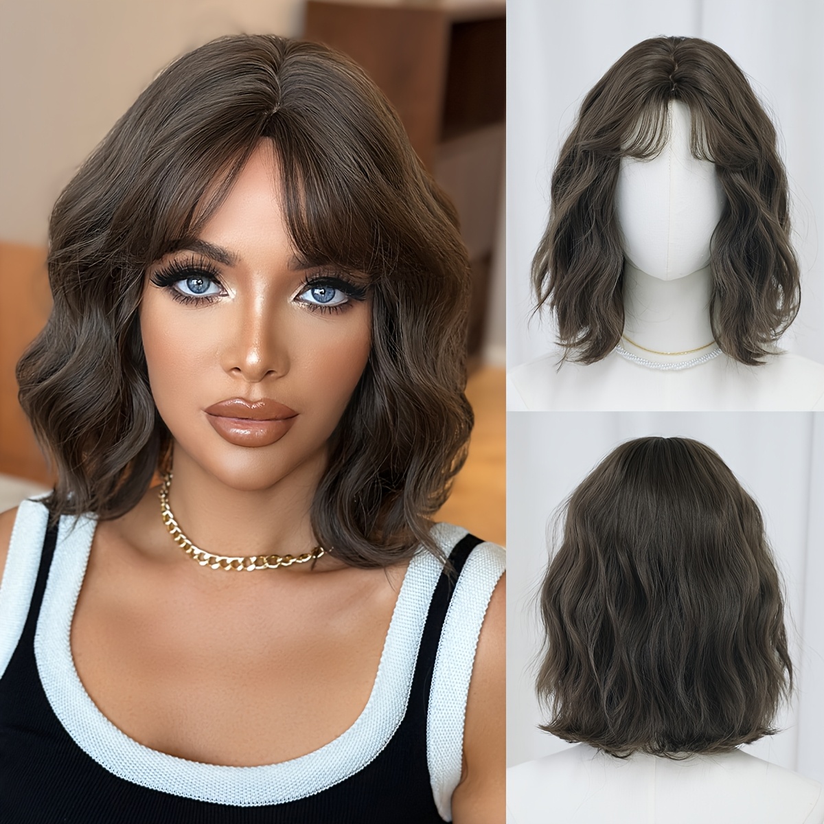 E-shop NAMM Halloween Verkleidungsperücke Kurze Body Wave Coole Braune Bob-Perücke für Damen Modische Mittelscheitel-Perücke mit Vorhangpony Hochdichte