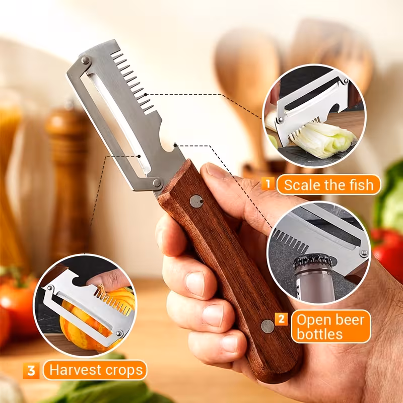 2pcs stainless steel peeler and slicer with wooden handle and ideal for sugarcane fruits and vegetables multifunctional durable peeling tool and vegetable slicer parties and picnics details 0