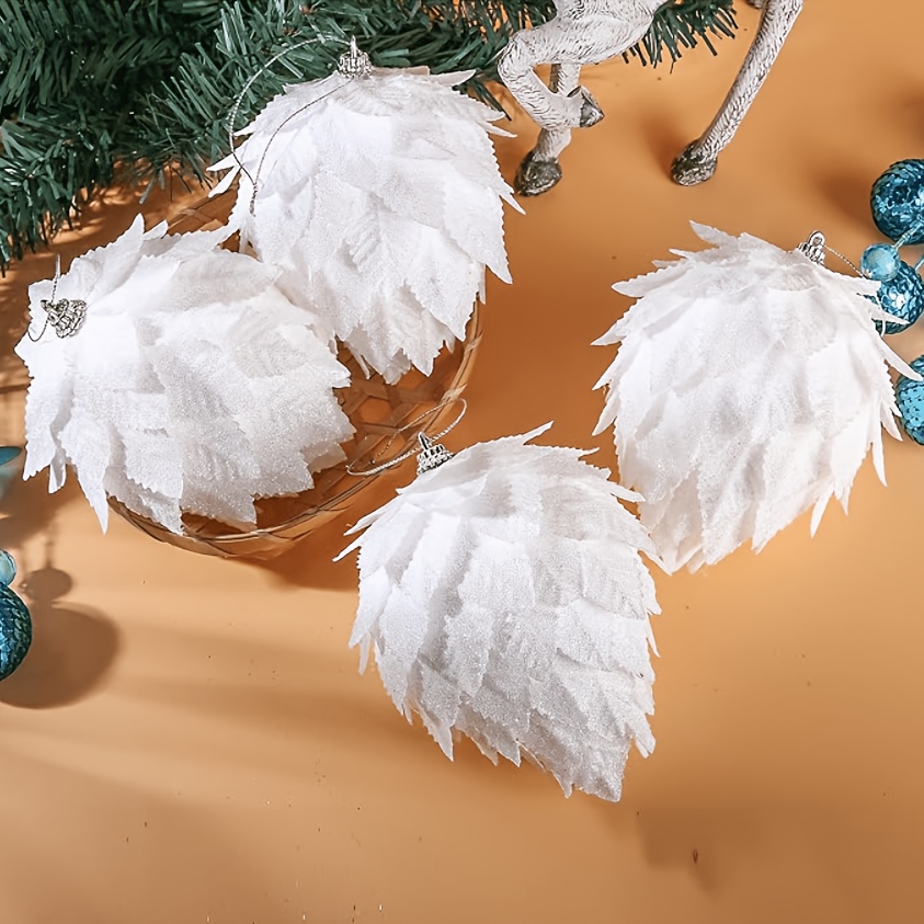 TEMU 4pcs White Shiny Christmas Ornaments, Artificial Glitter Petal Pinecones For Hanging On Christmas Trees, Winter White Indoor Outdoor Decor,