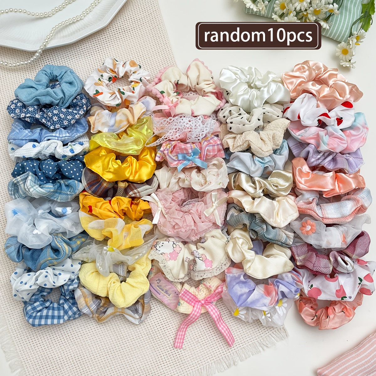TEMU Random Style 10pcs Soft Fabric Lace Edge Fruit, Small Floral Polka Dot Printed Large Hair Tie, Worn , Suitable For Ponytail And Bun, Tie Hair In