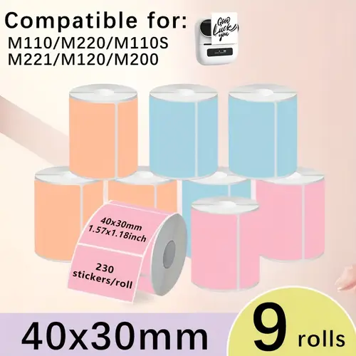9 roll set of color thermal label stickers 230 labels roll suitable for m110 m120 m220 m221 40 30mm multipurpose self labels for portable printers and home or office use