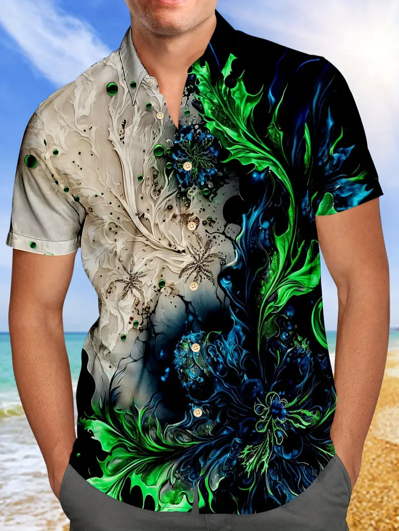 mens novelty pattern 3d printed short sleeve lapel shirt top male casual button up shirt for daily and vacation resorts beach details 0