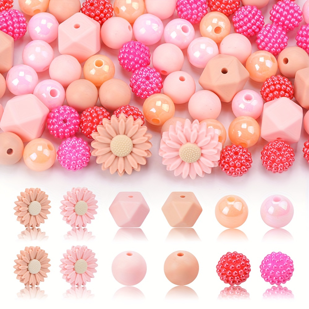 

70pcs Daisy Flower Silicone Acrylic Gum Round Hexagonal Loose Spacer Beads For Jewelry Making Diy Crafts Necklace Bracelet Key Bag Chain Decors Accessories