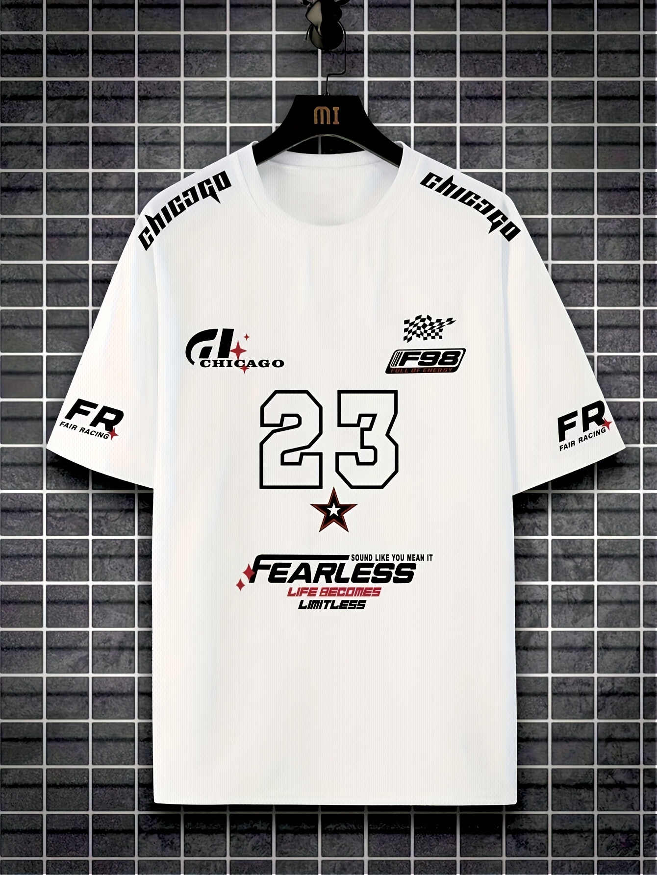 A Men'S Racing Icon #23 3D Print Short-Sleeve T-Shirt - Casual Streetwear, Breathable Sportswear, Round Neck, Summer Fashion Top, Unique Letter Print Design, Made of 100% Polyester, Slightly Stretchy Knitted Fabric, Suitable for All Seasons Pullover.