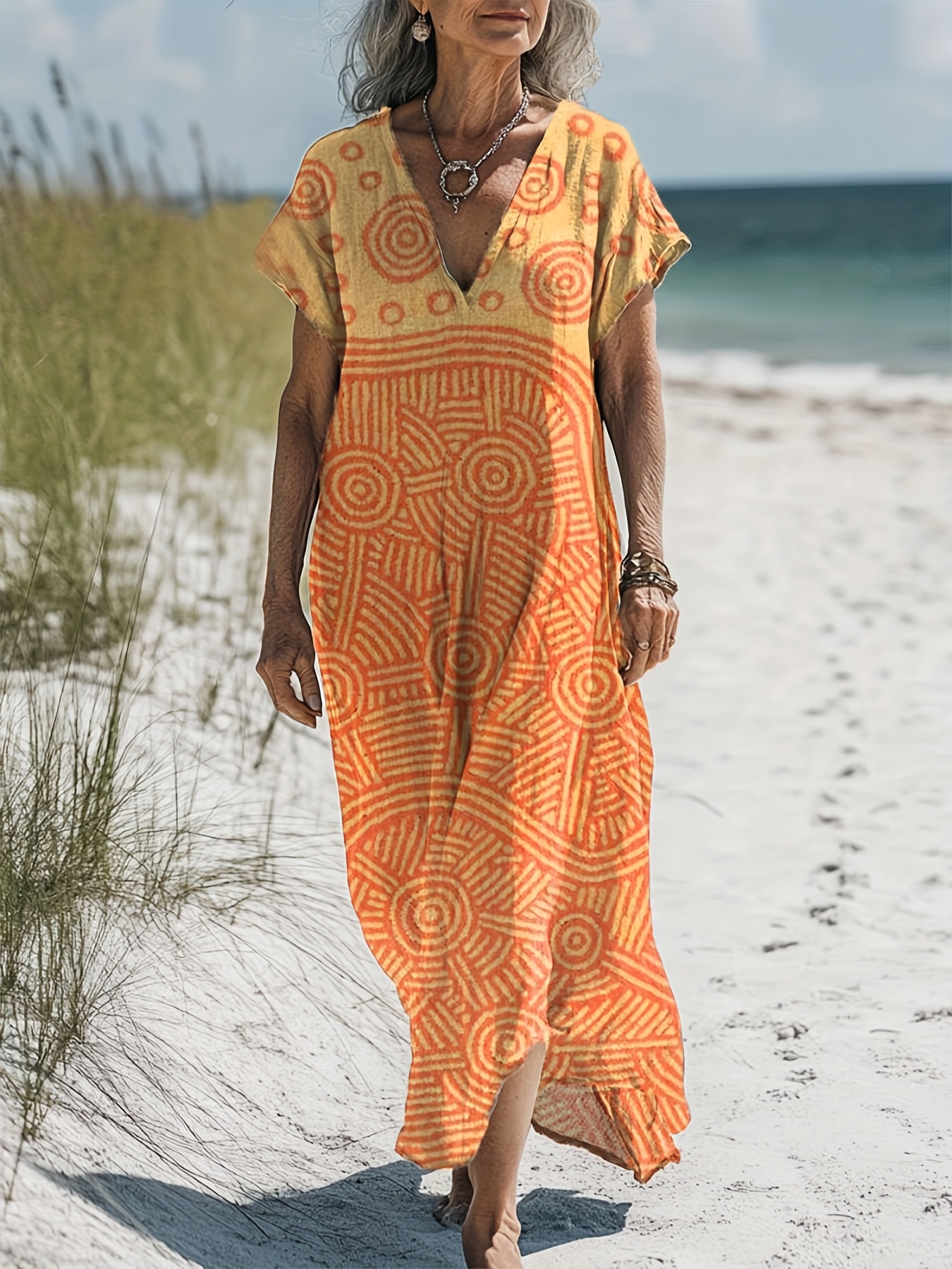 Women'S Plus Size Boho Chic V-Neck Maxi Dress with Pockets Vibrant Orange  and Yellow Graphic Print, Loose Fit, Short Sleeve, Asymmetrical Hem