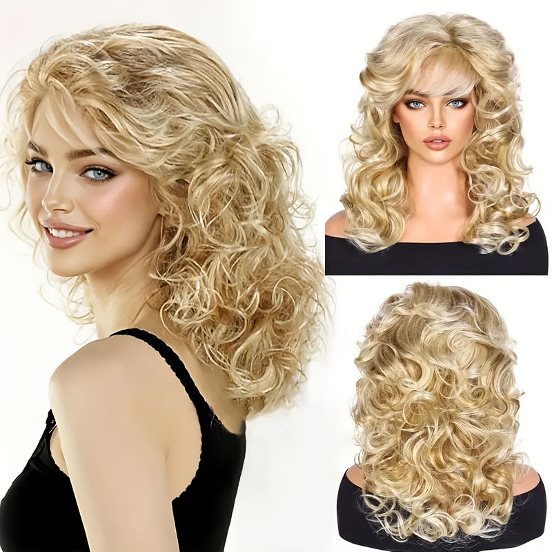 E-shop UFINE 16-Zoll Elegante Goldene Lockige Wellenperücke mit Pony für Frauen – Voluminöses Synthetikhaar, Anfängerfreundlich, Schulterlange Blonde