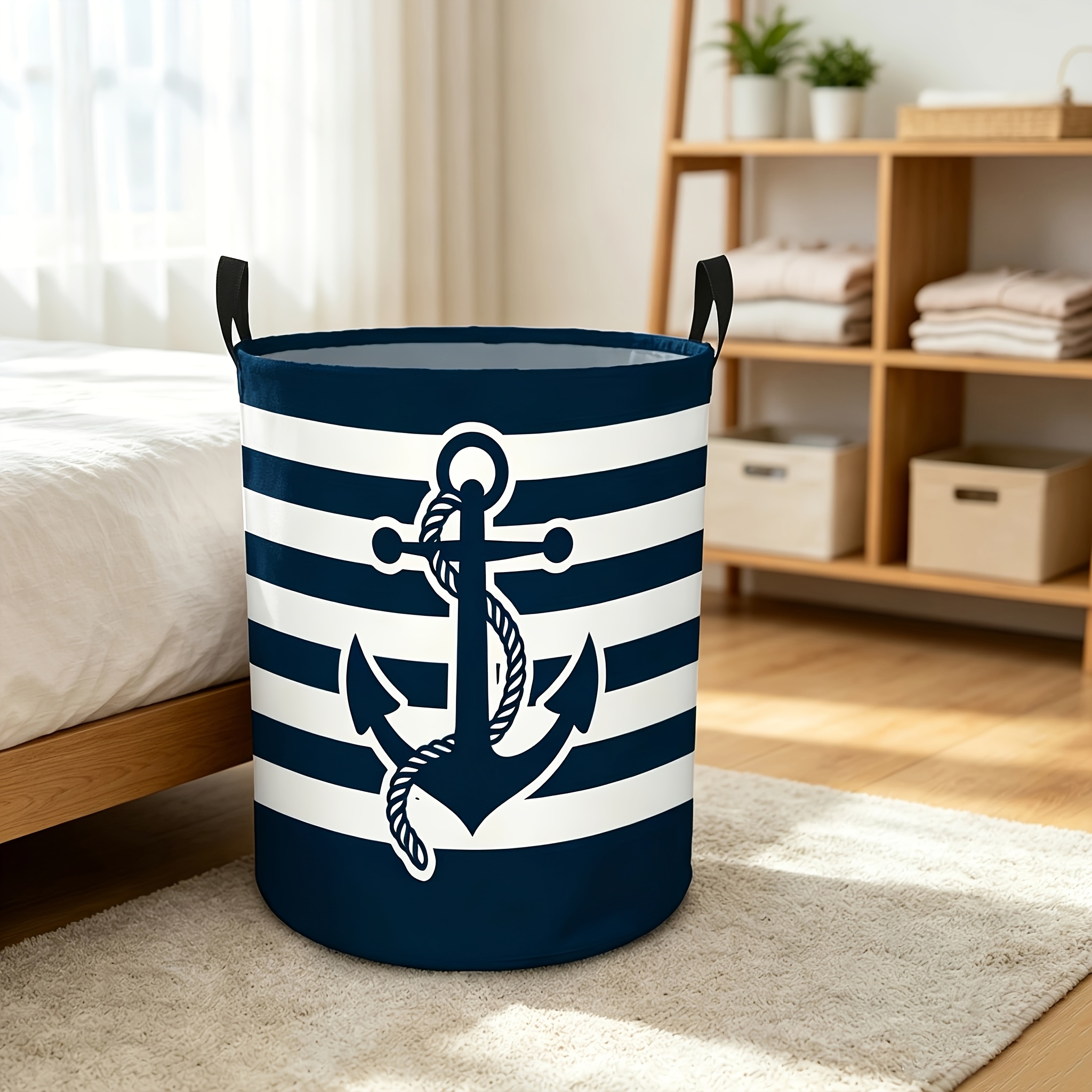 TEMU 1 panier à linge à rayures d' - Panier rond pliable haute avec poignée robuste, encombrante, idéal pour le rangement de la linge, boîte de