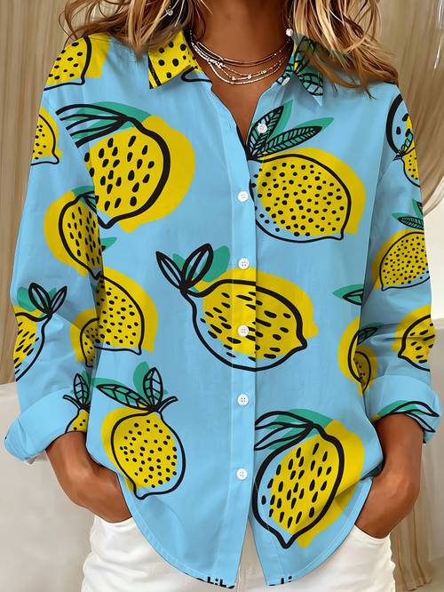 imagen del artículo camisa de larga con estampado de limón 2026 para mujer, estilo casual de vacaciones, conjunto de moda para