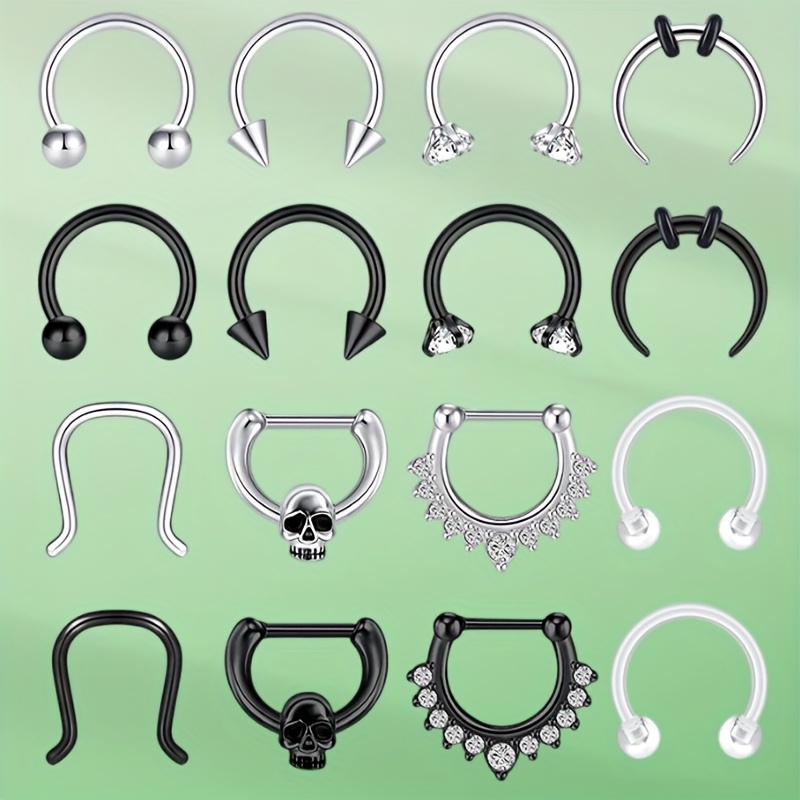 Image of 16 Stainless Steel Horseshoe-shaped Nose Rings In Sizes Of 8mm And 12mm, A Range Of Styles For Body Piercings, Designed For Comfortable Wear In Multiple Occasions