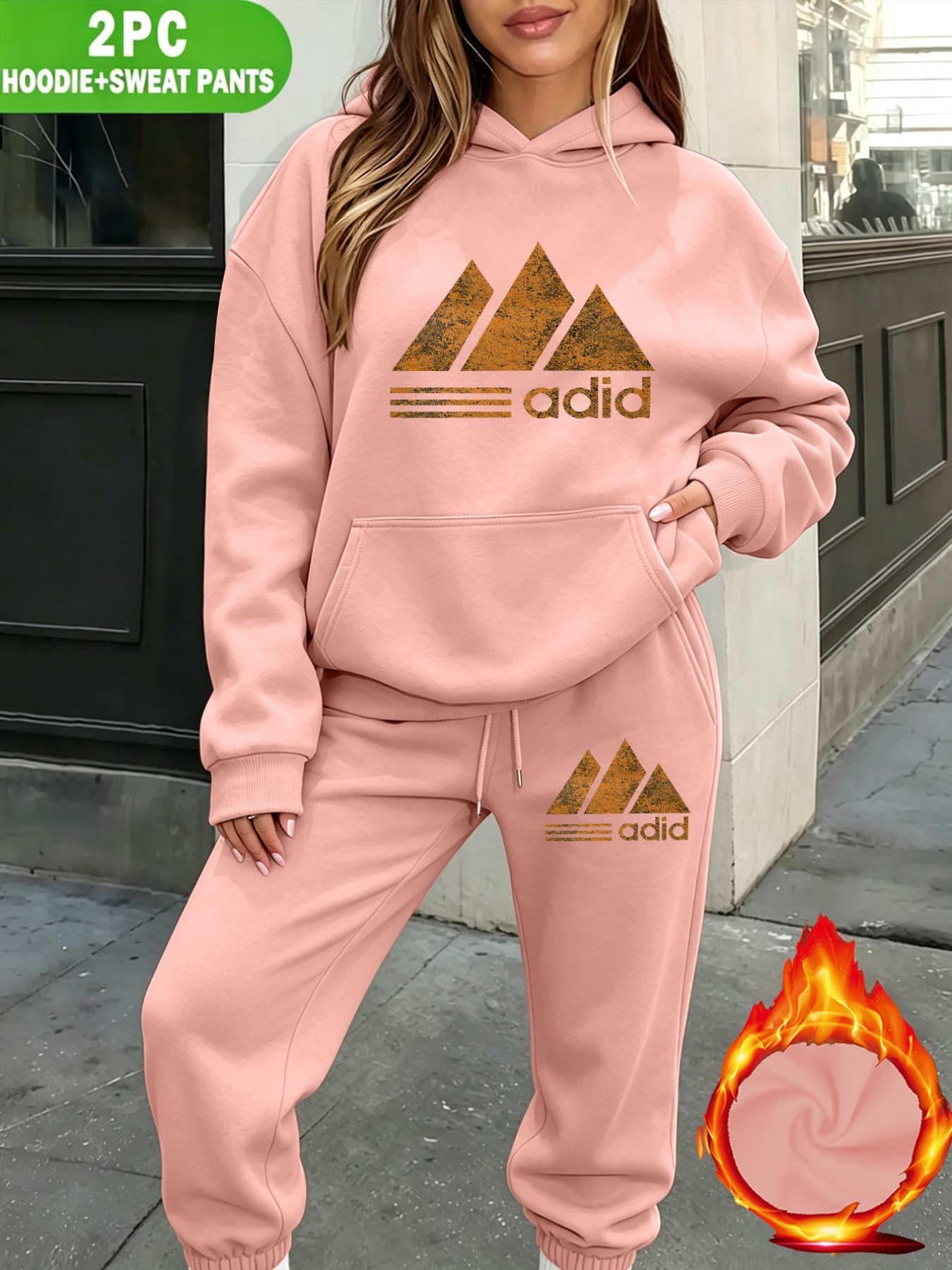 item picture lelale directional 2pcs sports set comfortable hooded sweatshirt and loose long fashion printed autumn winter warm new y2k style warm sports casual set pocketed hooded fleece lined sweatshirt elastic tight waist ankle cinching long 2pcs set