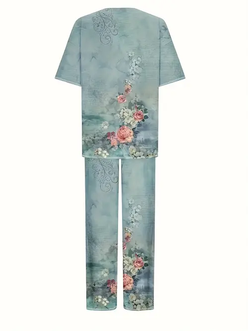 plant flower retro casual comfortable short sleeved trousers two piece suit for women