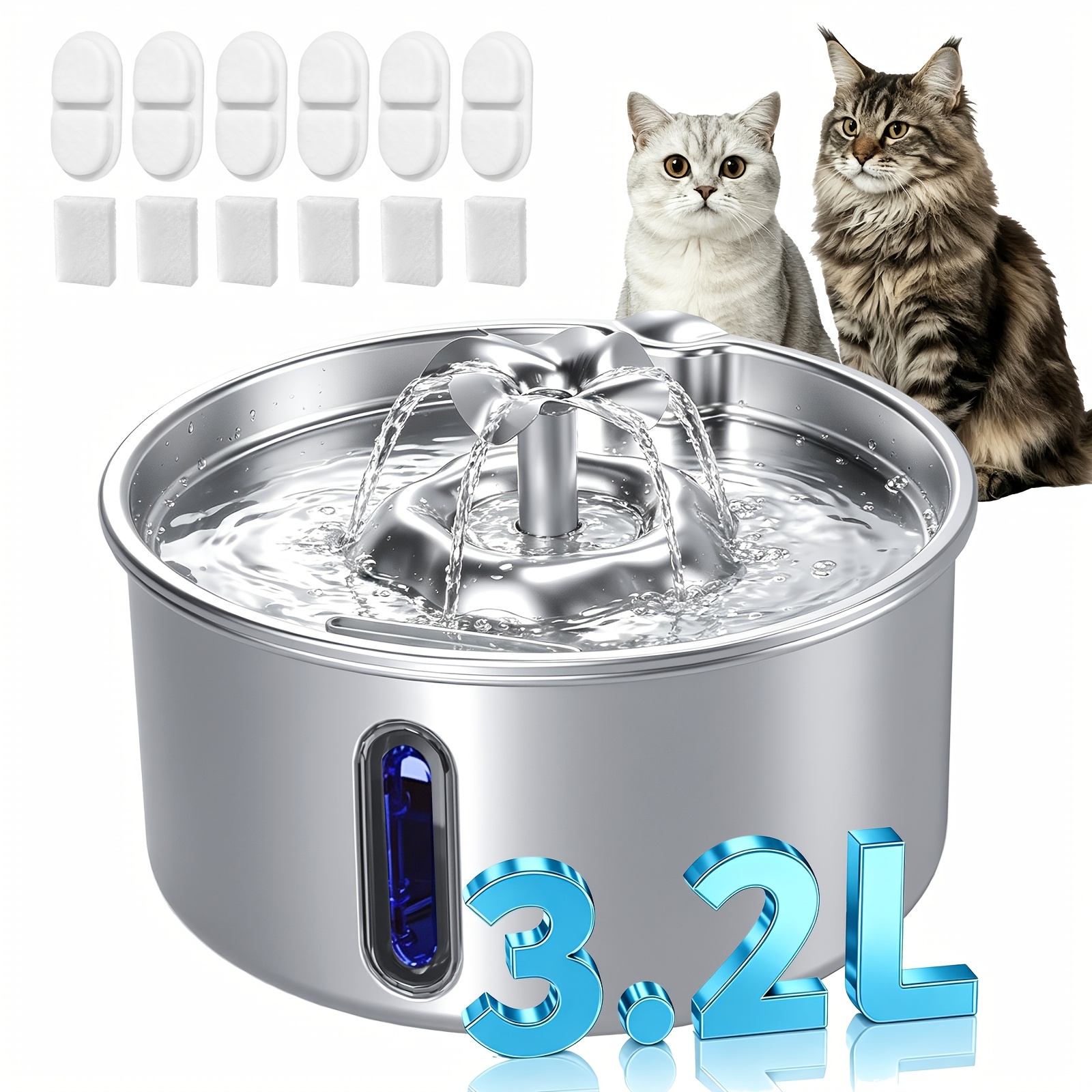 TEMU Cat Water Fountain Stainless Steel, 3.2l/108oz Automatic Pet Water Fountain For Cats And Small Dogs, Water Dispenser With Water Level Window And