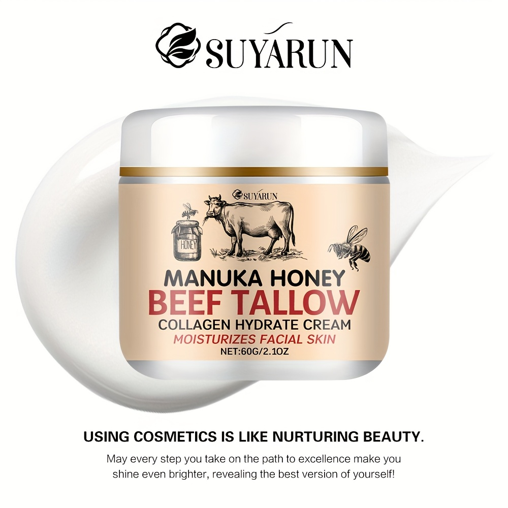 [72H Hydration, Manuka Honey Cream] SUYARUN Manuka Honey Tallow Cream | Triple Moisturizing Complex with Tallow + Ceramides + Plant-Based Squalane, 72H Hydration, Light Beige, Unisex Formula