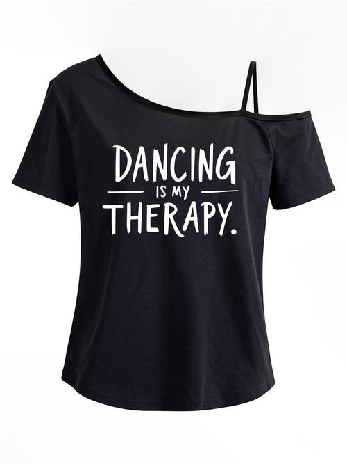 one shoulder short sleeve t shirt dancing is my stylish top with dancing print diagonal shoulder strap off shoulder fashion outfit casual and comfortable
