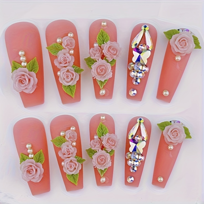 

50-piece Nail Art Set With Peach Tone Dried Rose & Gardenia Resin Embellishments - Handmade Wearable Nail Accessories With Studs, Pearls & Floral Design - Alcohol-free Decorative Nail Art Kit