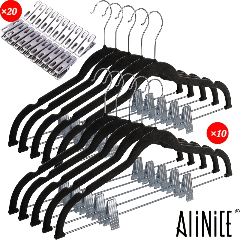 Image of 30pcs (10-pack Velvet Pants Hangers With 20 Clips) Non-slip Skirt Hangers With 360° Rotating Hook, Space- Closet Organizer For Trousers, Shorts & Skirts, Black And Silver