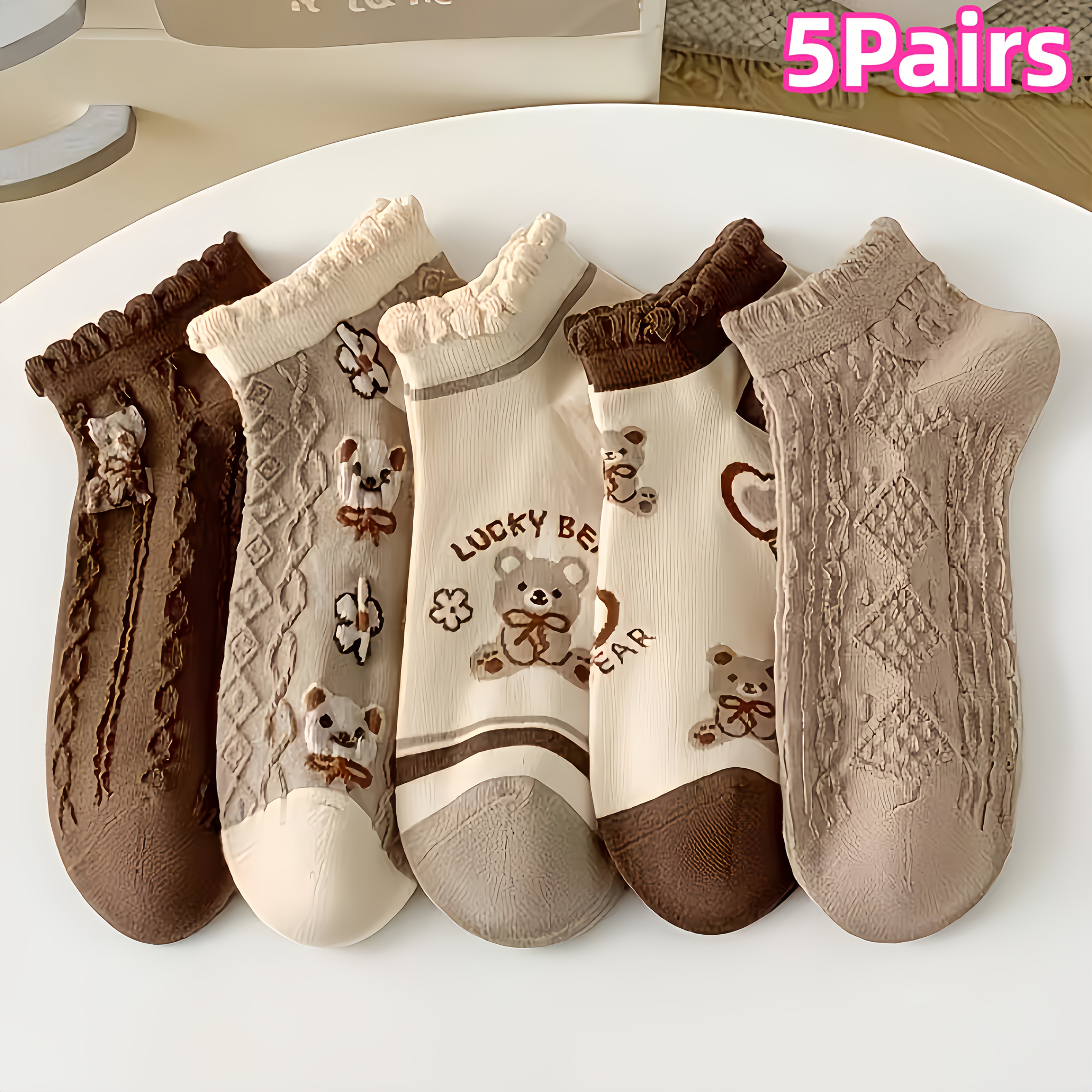 TEMU 5 Paires de Chaussettes Courtes pour Femmes, Pack de 5 Paires, Chaussettes Respirantes Vintage Texturées en Relief, Chaussettes Bateau à Bout
