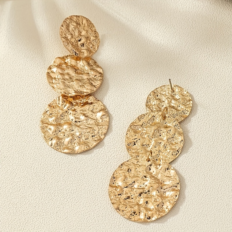 2pcs Sexy Geometric Round Dangle Earrings Textured Golden Finish Iron Material