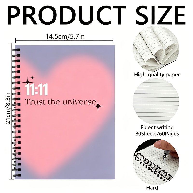 TEMU Carnet à spirale avec une couverture sur le thème du cœur et 60 pages (30 feuilles) de papier vierge à ; comprend l'affirmation positive "11:11