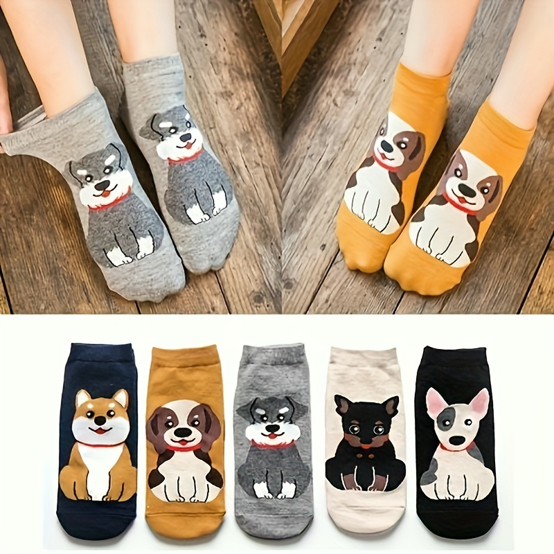 

5 Pairs Cute Cartoon Crew Socks For Women, Polyester & Spandex , Knit Fabric, Casual Anime Style, Non-slip Short Socks, Machine Washable