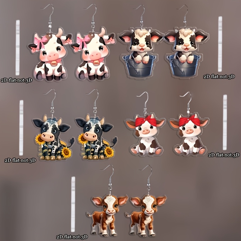 TEMU 2d Flat, 2d Flat 5 Pairs Cute Animal Earrings, 2d Flat Acrylic Calves Dangle Earrings Set, Fashionable Earrings For Animal Enthusiasts, Day