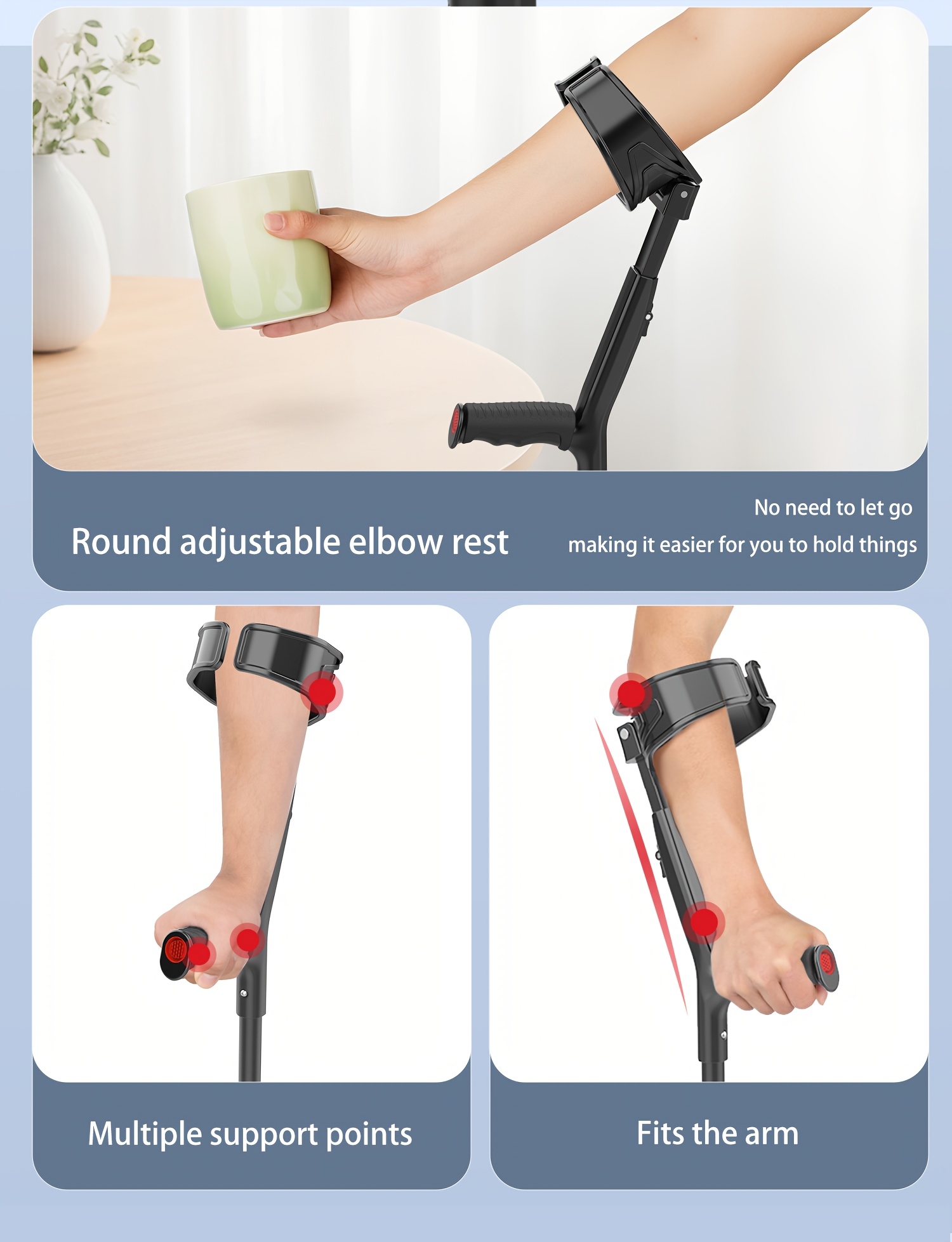 Rotatable Elbow Crutch, Portable Foldable Telescopic Elbow Rest, Rehabilitation Assistive Elbow Cane, Multi-Point Support Comfortable Underarm Crutch