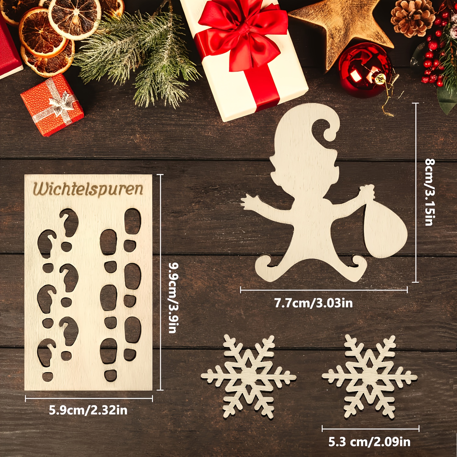 TEMU 4 Weihnachtswichtel-Anhänger, multifunktionale Wichterspurenschablonen, ährenaccessoires für die Adventszeit aus Holz – als Christbaumdekoration
