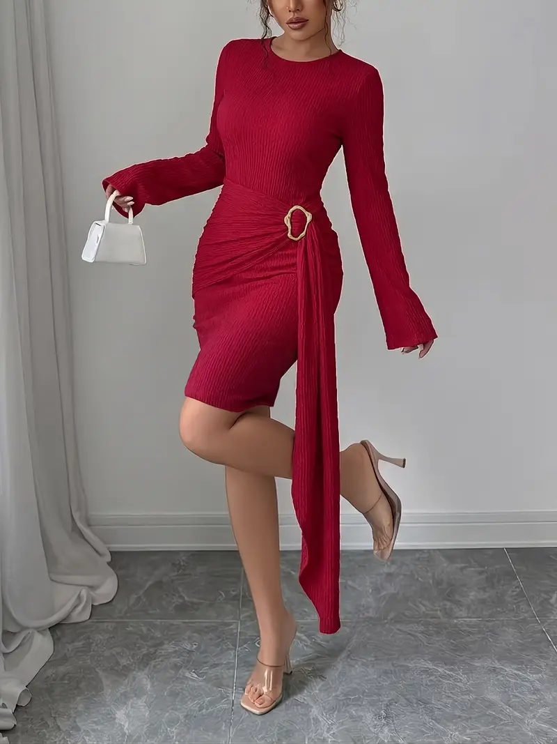 long sleeve burgundy mini dress Sevila in Flocked Botanical Flower Maroon , Bodycon Crafted from a comfortable blend of polyester burgundy mini dress round neck