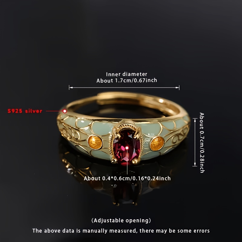 Image of 925 Sterling Green Enamel Oval Red Synthetic Zirconia Pattern Vintage Synthetic Gemstone Ring French Court Niche Adjustable Jewelry Local Warehouse Best Gift For Her Gift Box Packaging