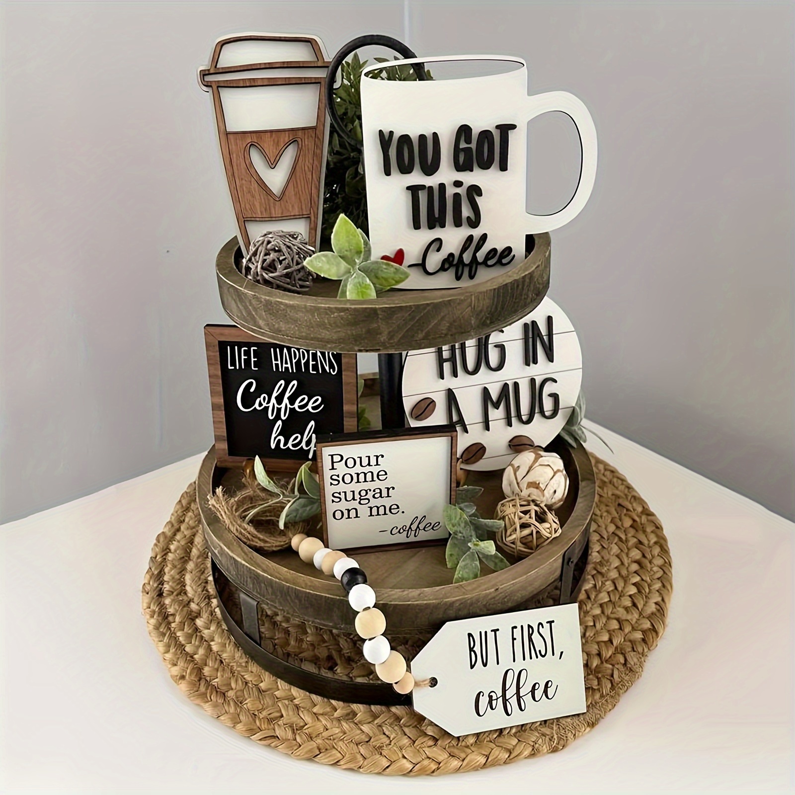 

Rustic Farmhouse Coffee Bar Decor Set - Wooden Signs & Miniature Cups With Pearl Accents For Kitchen Table Display, Indoor Use Coffee Table Decor Coffee Decor