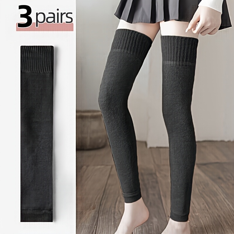 

3pcs Cozy Black Thigh-high Socks For Women - Warm Plush Loop Over-the-knee Leg Warmers, Soft Polyester & Elastane , Machine Washable, Autumn & Winter, Cute Socks