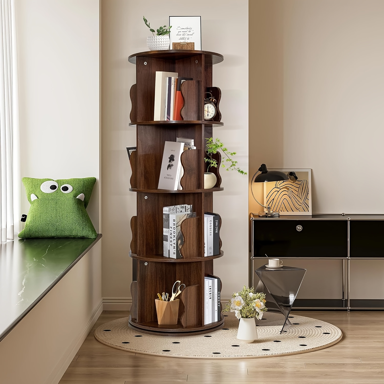 Image of Rotating Bookcase 360 Degree 4 Tiers, Vertical Shelf, Wooden Bookcase Rotating, Floor Standing Bookcase Office Shelf For Living Room Bedroom Office, Brown