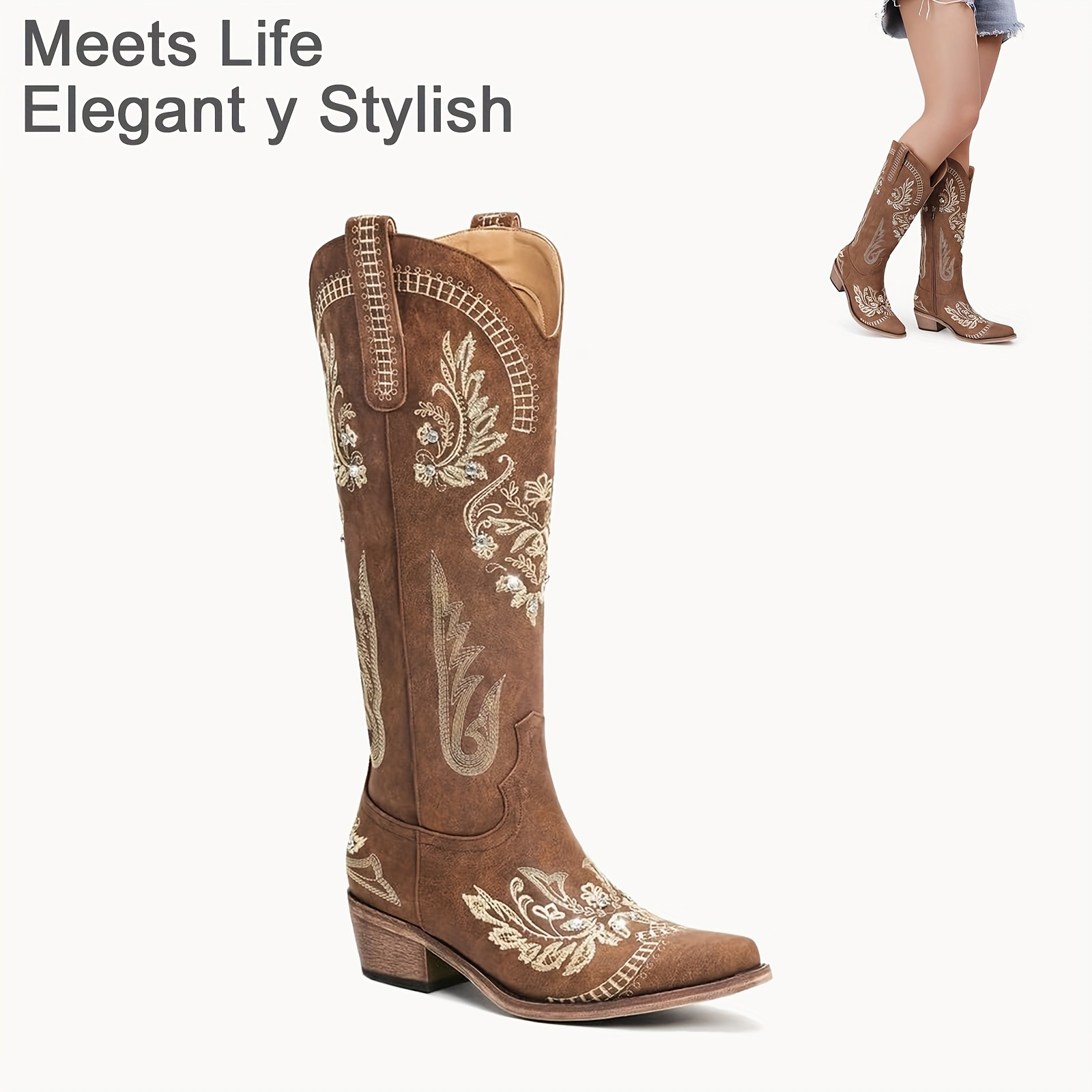 

Brown Cowboy Boots For Women - Wide Calf Knee High Cowgirl Boots, Glitter Sparkly Rhinestone Boots With Classic Embroidery, Pointed Toe Pull On Zipper Retro Fashion Tall Boots