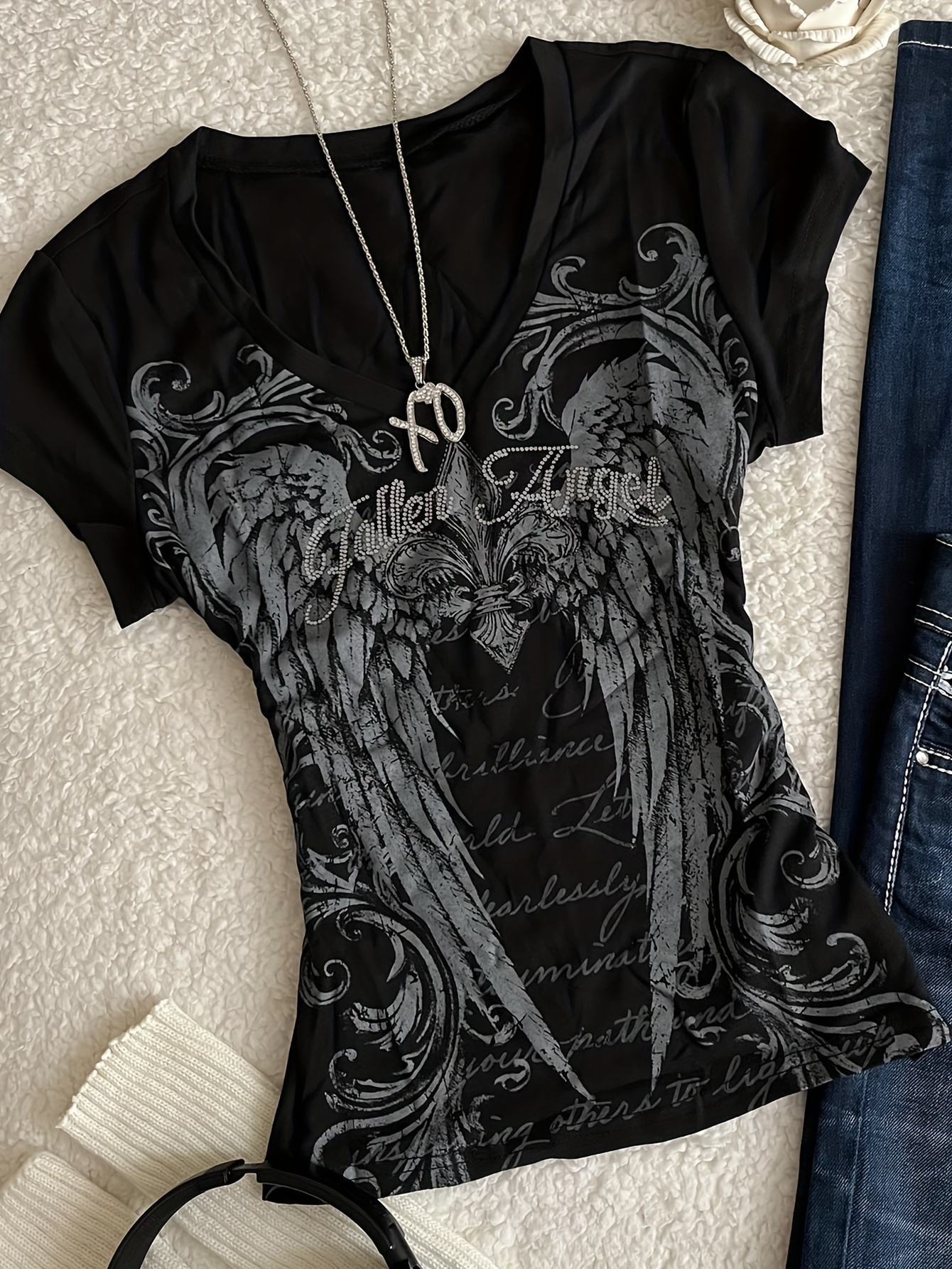 wing print vintage y2k trendiges damen v-ausschnitt kurzarm t-shirt