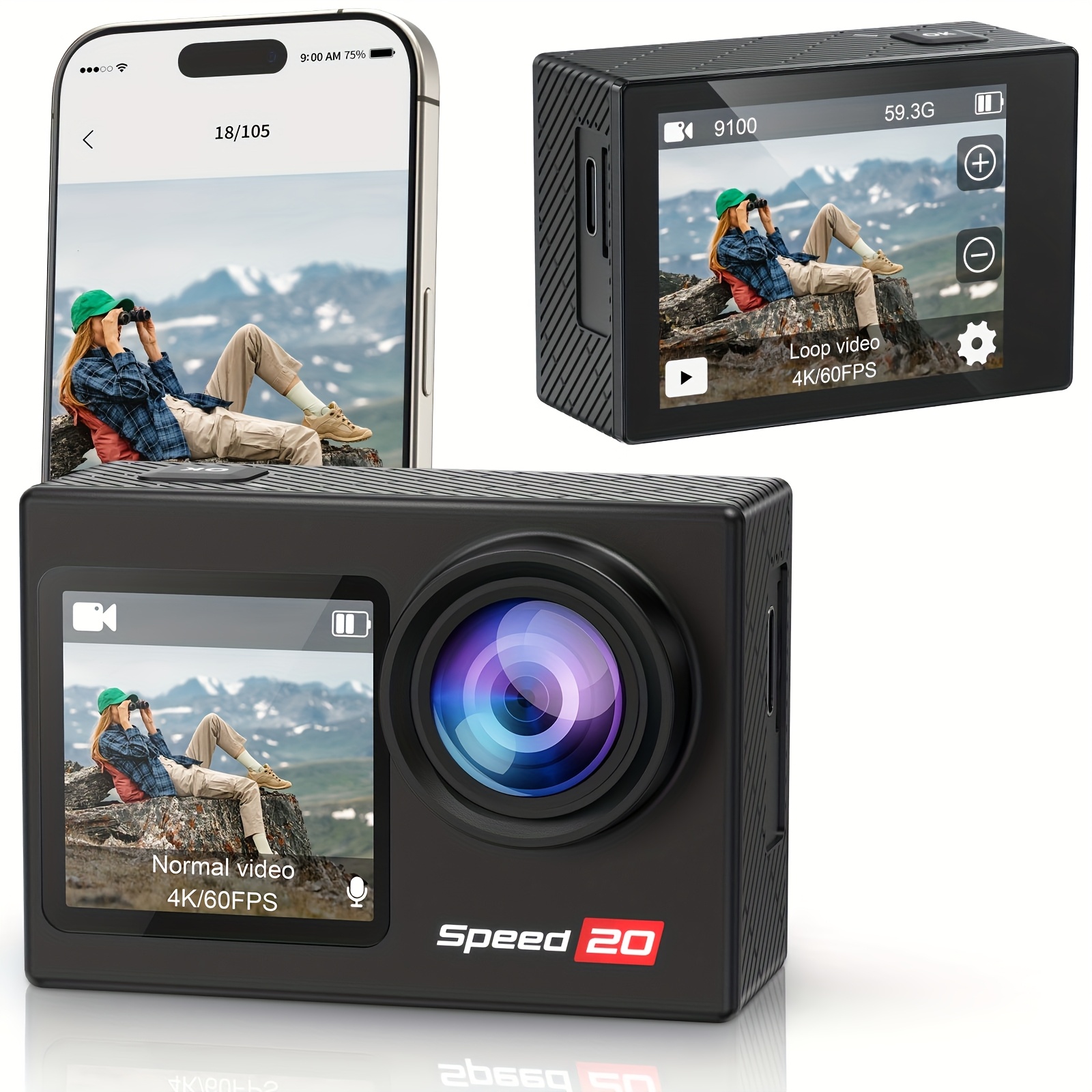 4K HD akcijska kamera, s popolnim kompletom dodatne opreme, 1,4-palčni OLED zaslon, digitalna stabilizacija slike, samodejno nadzorovanje
