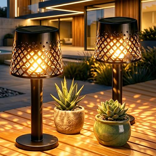 2pcs solar powered table lamp hollowed decorative light night light with auto on off for garden patio balcony camping and dining table