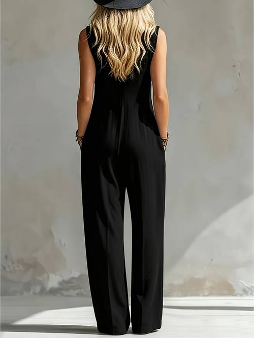 plus size sleeveless wide leg button pocket solid color v neck jumpsuit