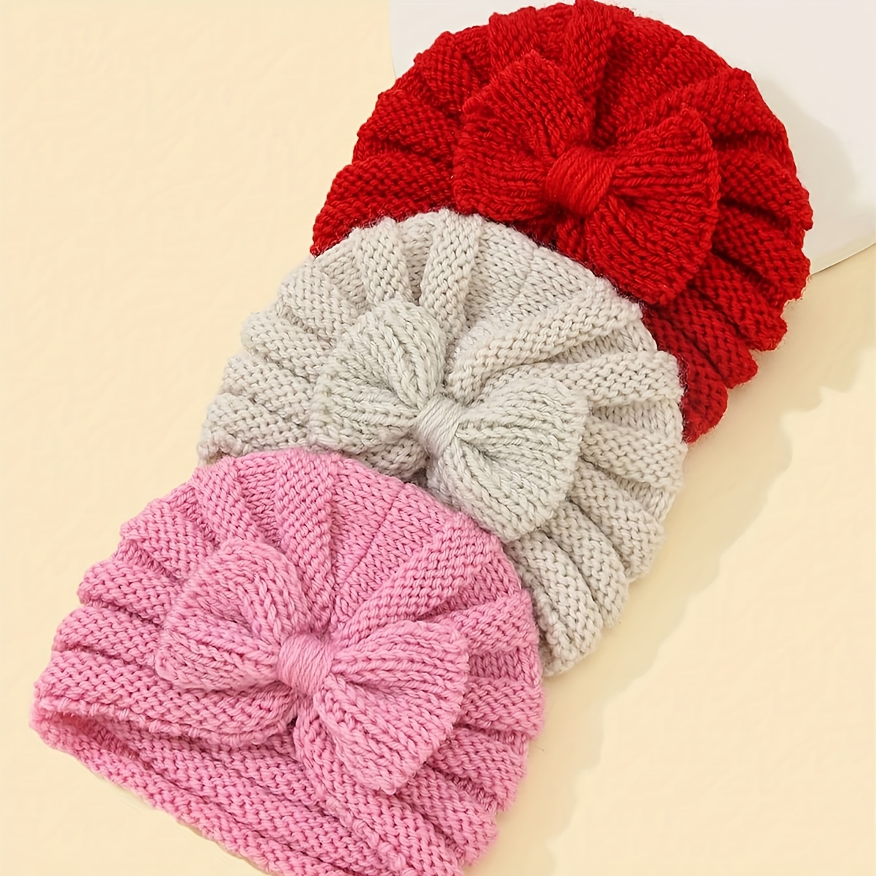 Image of 3pcs Of Autumn And Winter Baby Hats, Newborn Bow Warm Knitted Hats, And Baby Placenta Hats